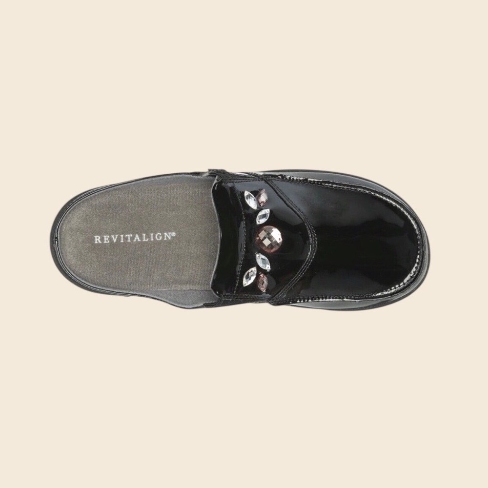REVITALIGN Siesta Snazzy Black Patent Leather Crystal Embellished Mules Size 9 - Picture 2 of 10
